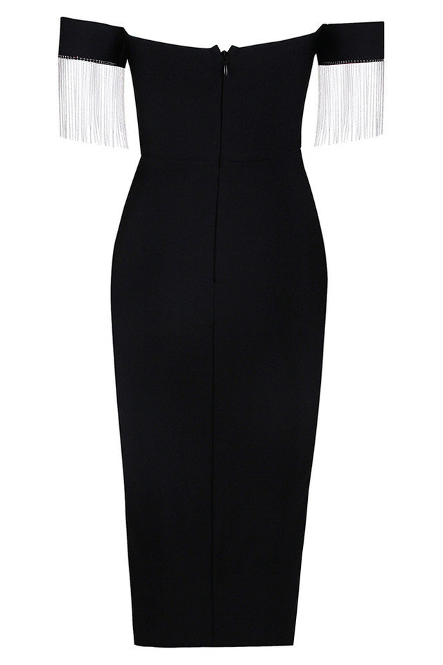 Velvet Off Shoulder Sweetheart Rhinestone Fringe High Split Midi Dress