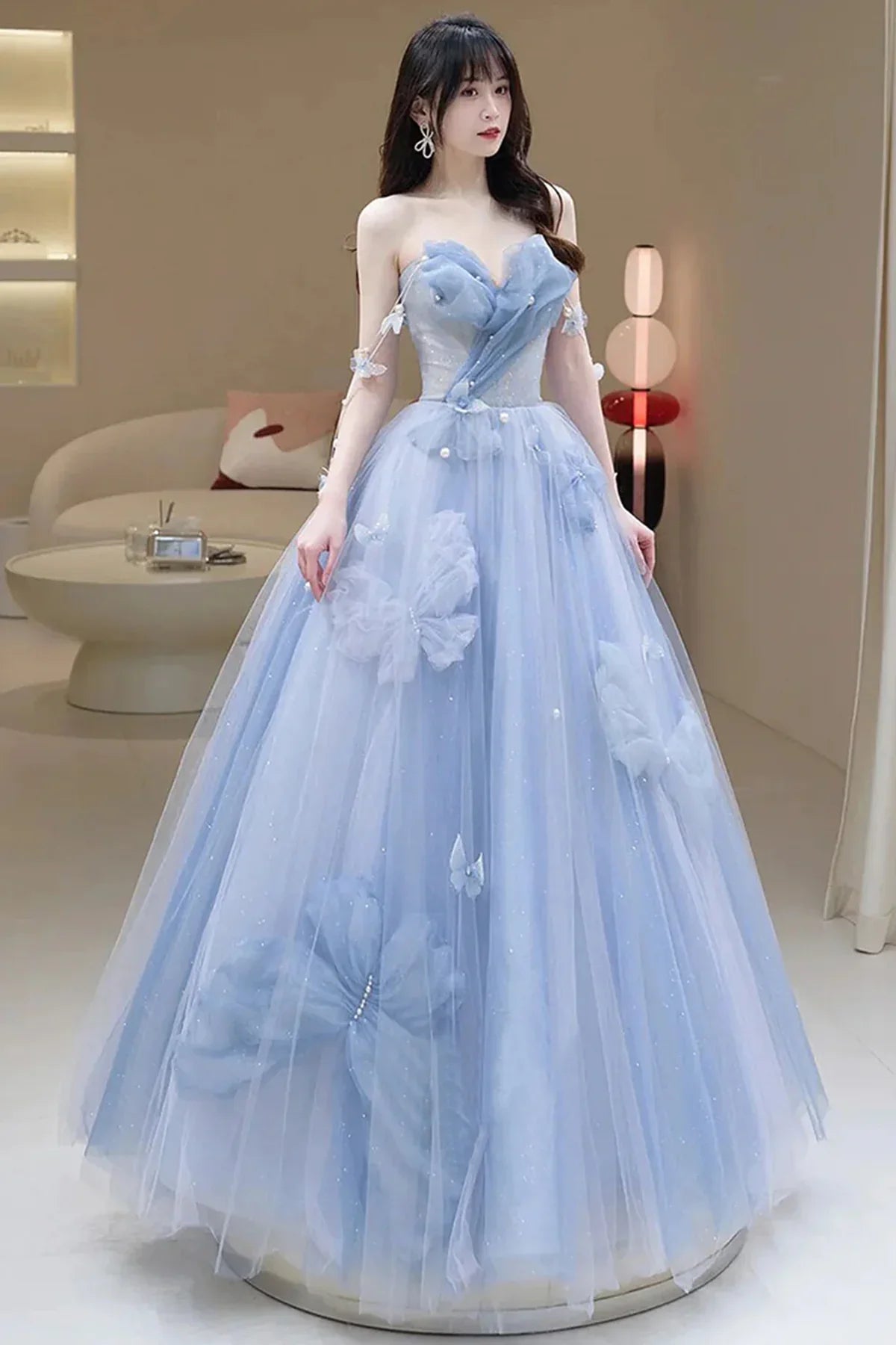 A Line Blue Tulle Long Prom Dress, Strapless Long Blue Beaded Tulle Formal Evening Dresses fg4442