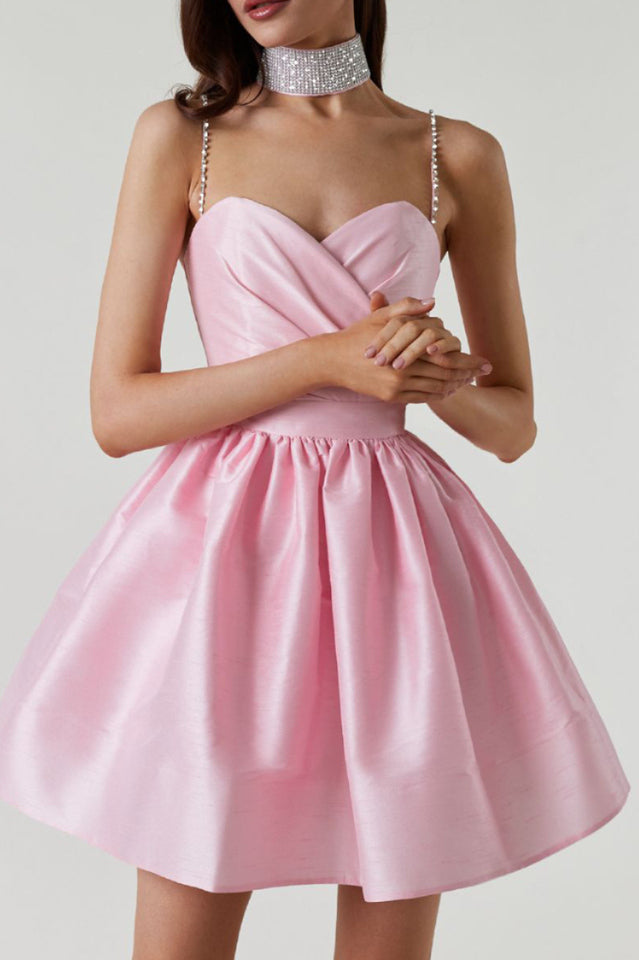 Rhinestone Spaghetti Strap Sweetheart Pleated Fit and Flare Mini Dress