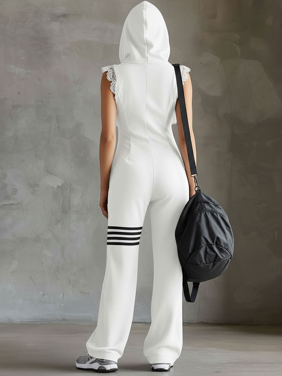 Lace Trim Hooded Zip Front Sleeveless Wide Leg Jumpsuit