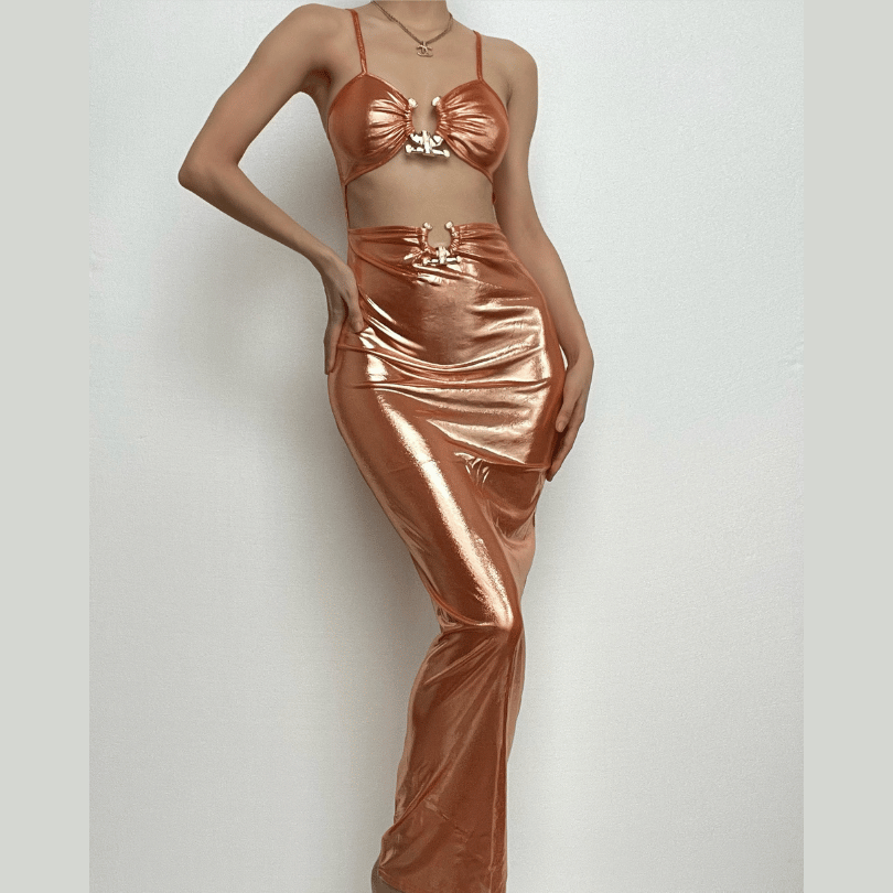 Metallic Cut Out Ruched Cami Metal Buckle Bodycon Maxi Dress