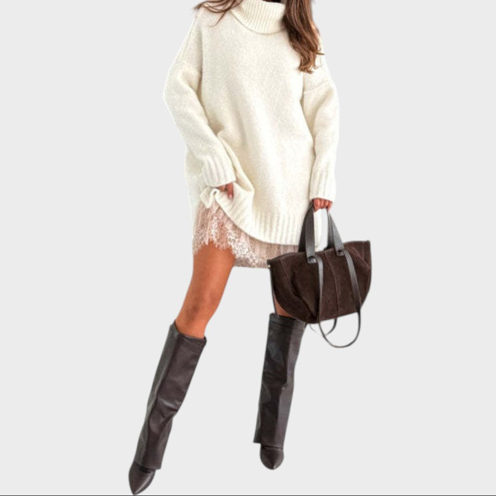Turtleneck Oversized Sweater and Lace Slip Dress Two Piece Set