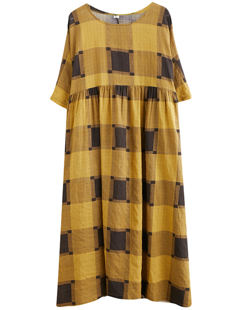 Plaid Round Neck Short Sleeve Oversized Smock Maxi Dress