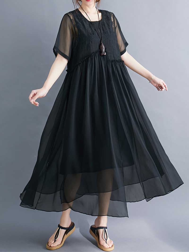 Lace Bodice Sheer Overlay Empire Waist Handkerchief Hem Midi Dress