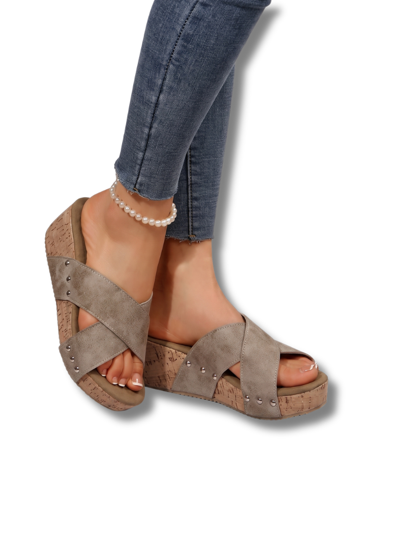 Open Toe Cross Strap Cork Platform Wedge Sandals