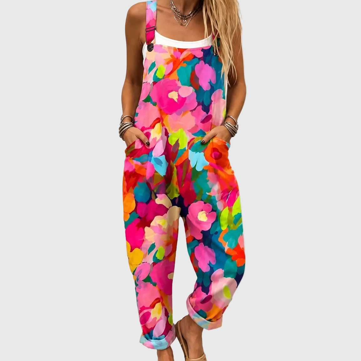 Abstract Floral Sleeveless Cuffed Overall Jumpsuit