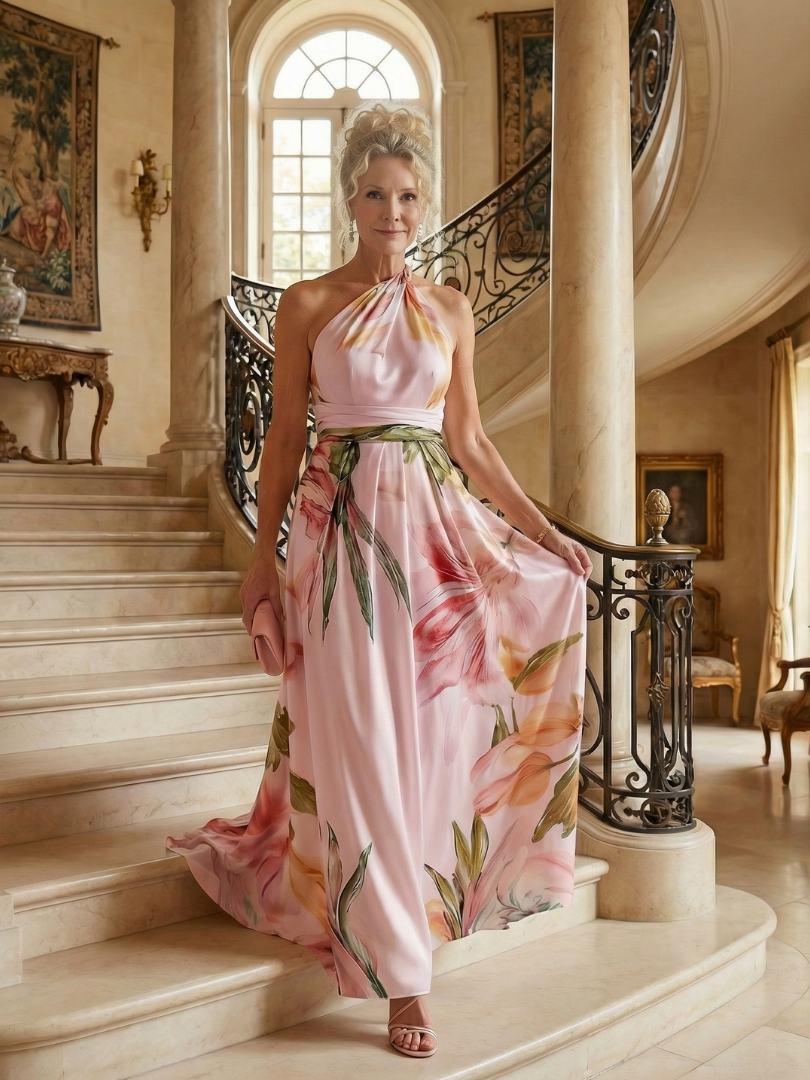 Floral Halter Neck One Shoulder Satin Maxi Dress