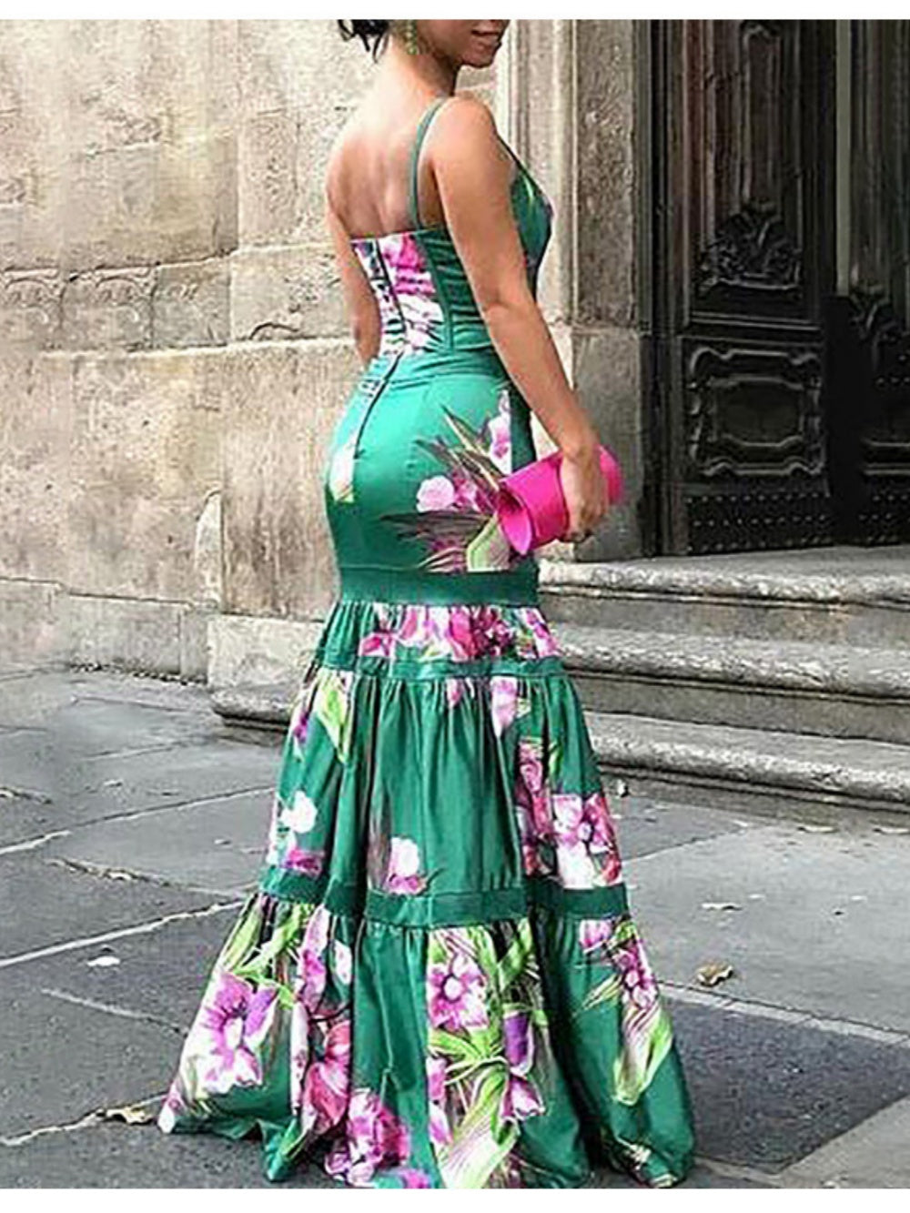 Satin suspender printed panel maxi dress