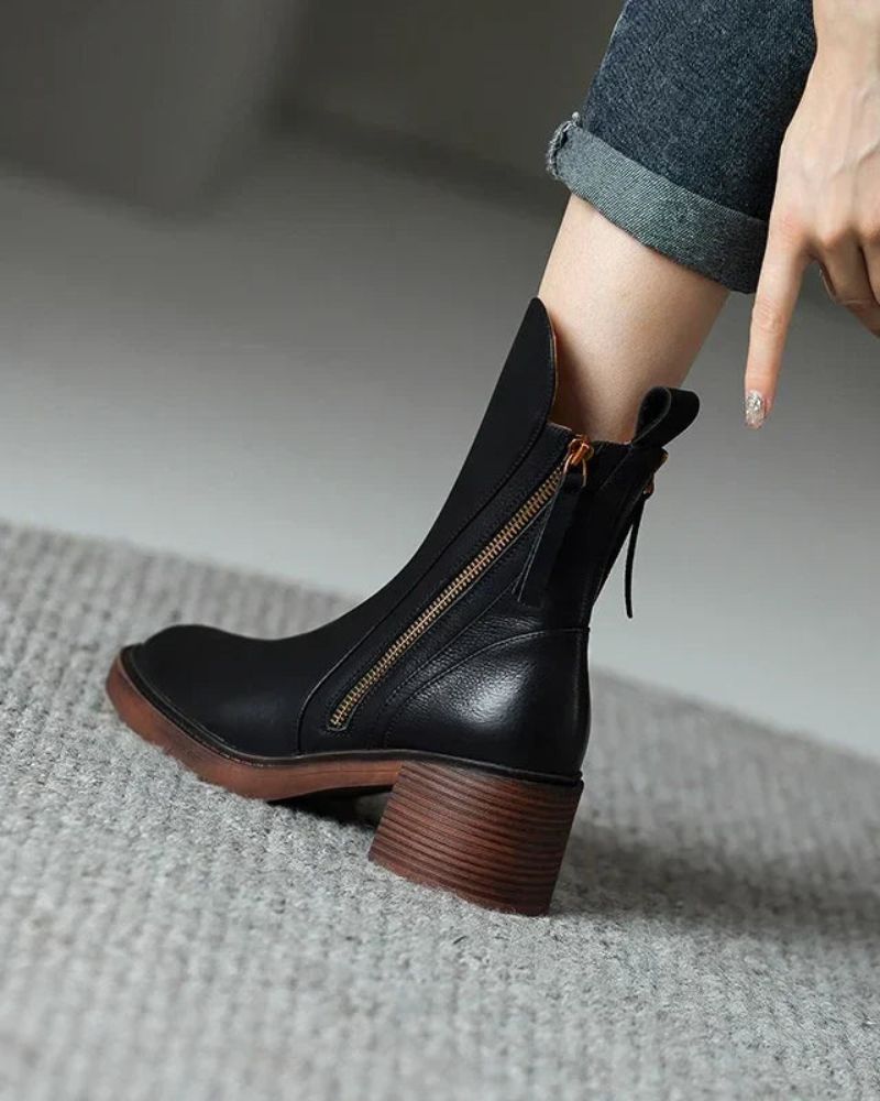 Round Toe Front Zip Block Heel Ankle Boots