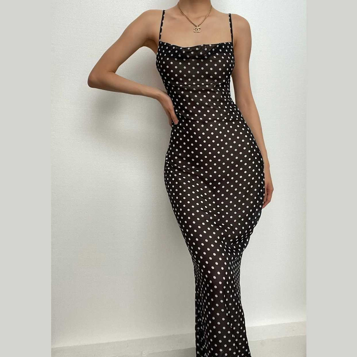 Polka Dot Cowl Neck Spaghetti Strap Mesh Bodycon Maxi Dress