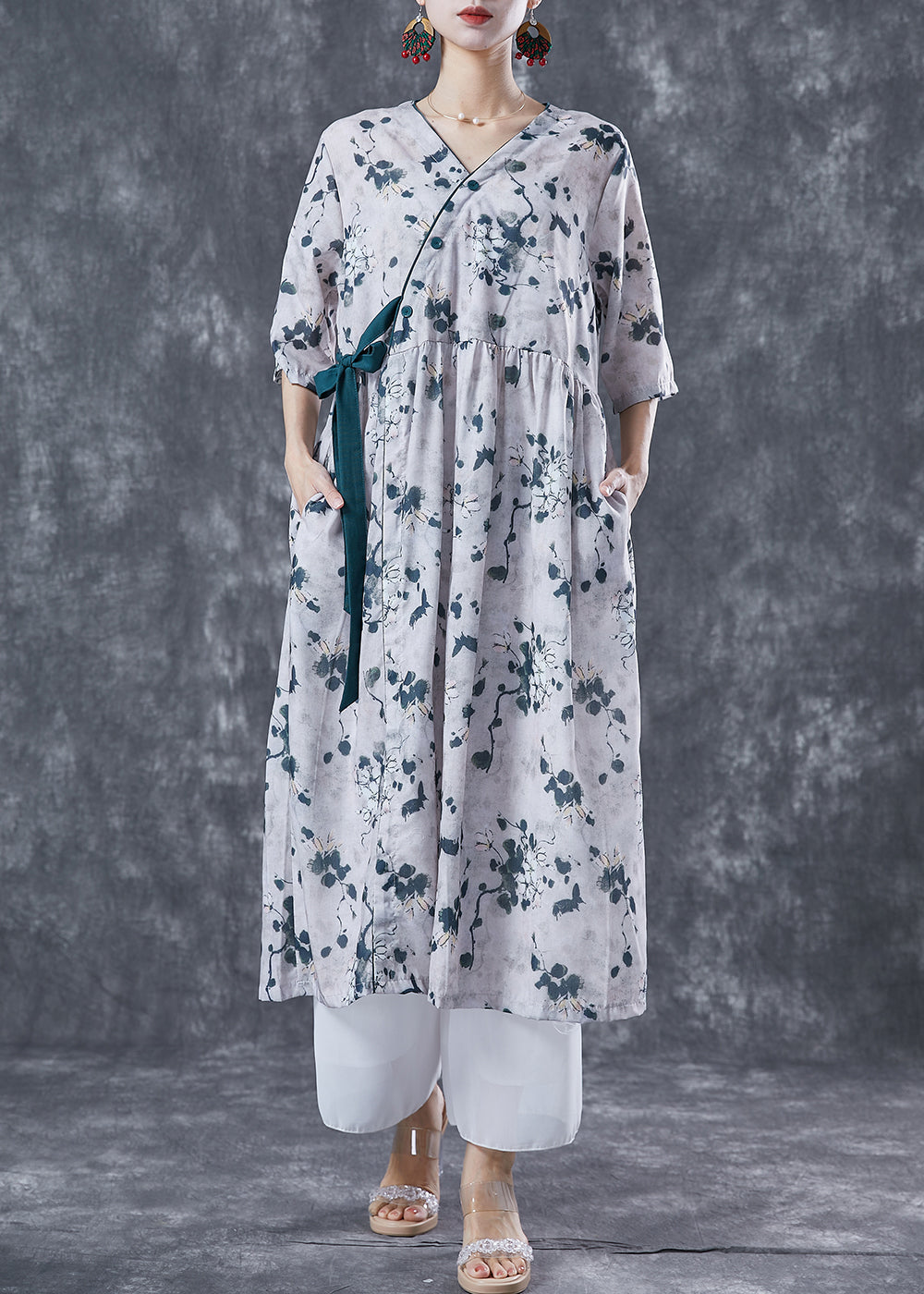 Floral Print V-Neck Wrap Side Tie Three Quarter Sleeve Pocket Midi Dress