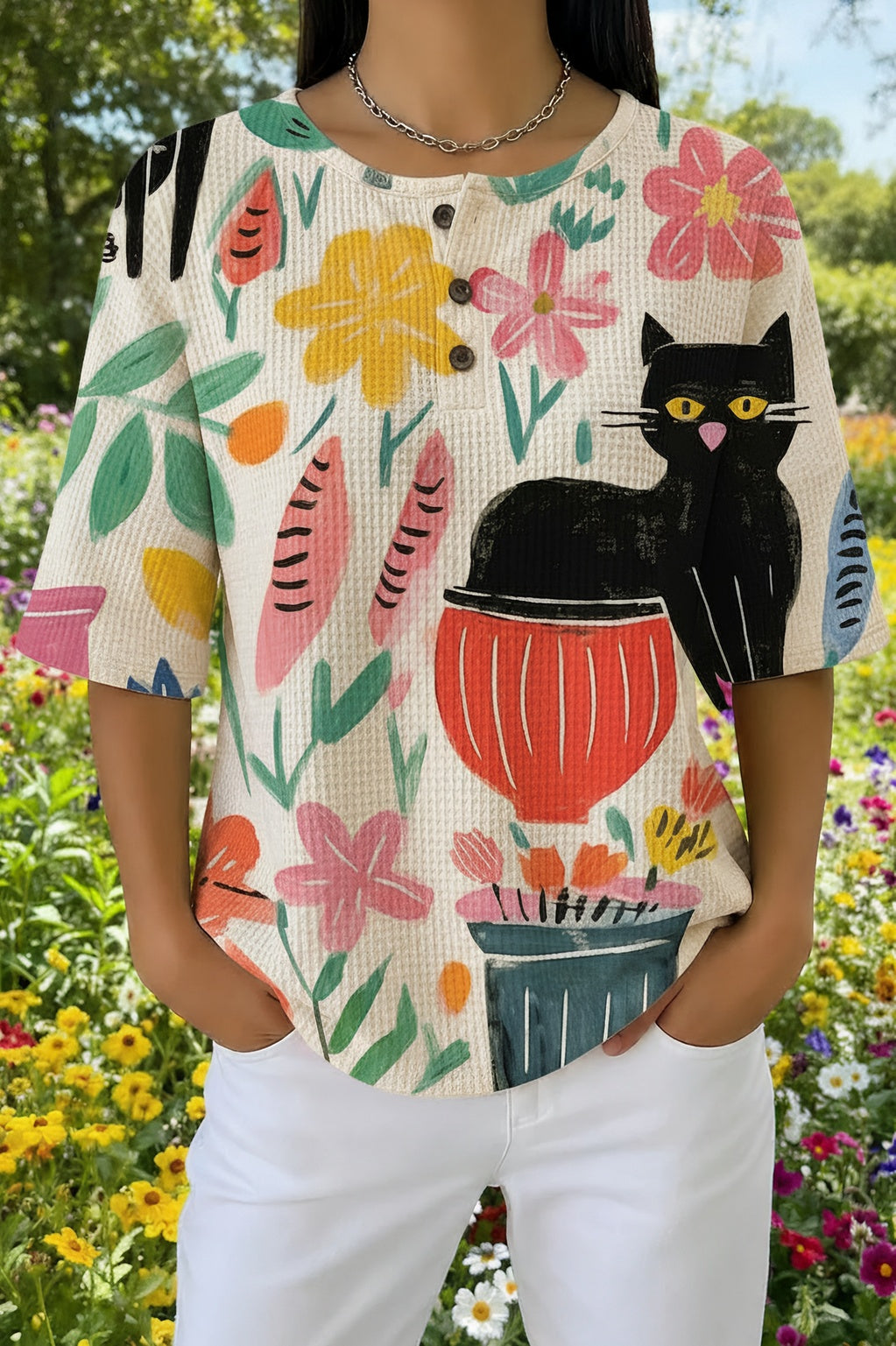 Cat and Floral Print Waffle Knit Short Sleeve Henley Top