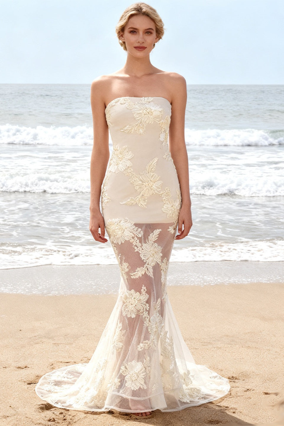 Strapless Floral Embroidered Mesh Mermaid Gown