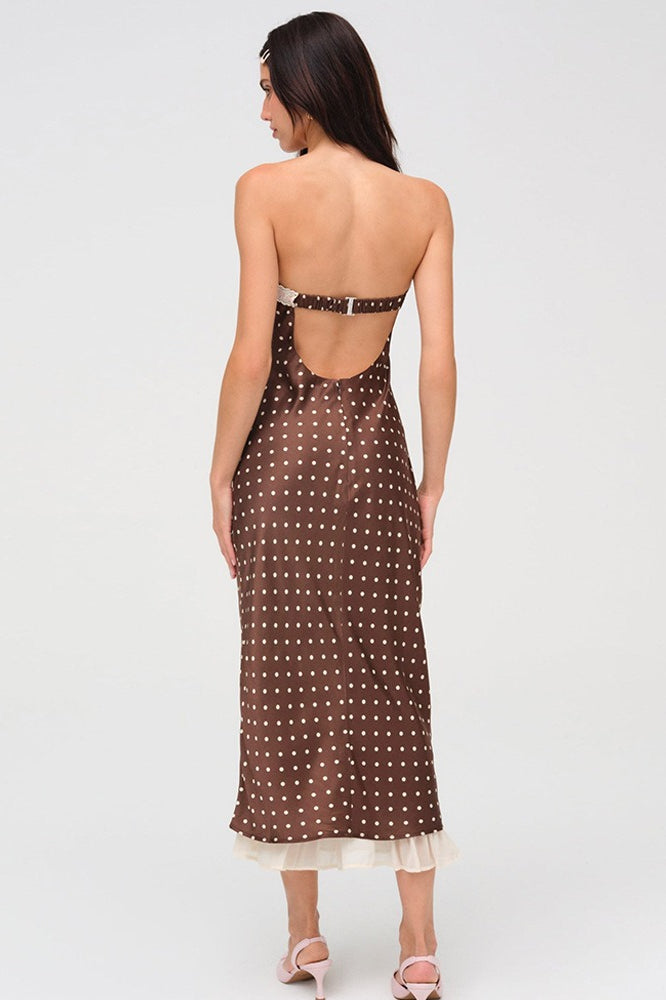 Satin Polka Dot Strapless Backless Maxi Dress 4