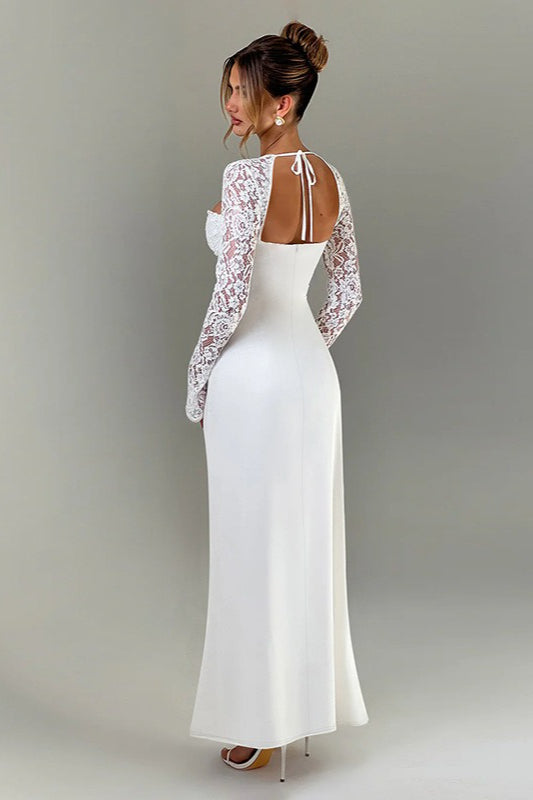 Lace Long Sleeve Sweetheart Neck Tie Front Bustier High Split Maxi Gown