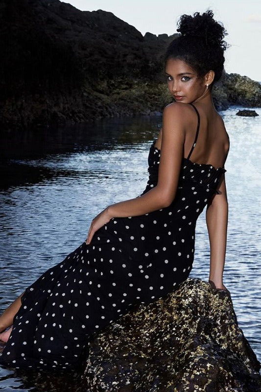 Polka Dot Spaghetti Strap Sweetheart Bustier Maxi Dress