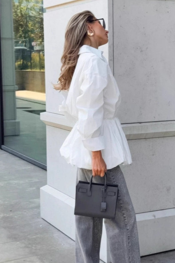 Collared Long Sleeve Bubble Hem Peplum Button Front Shirt 4