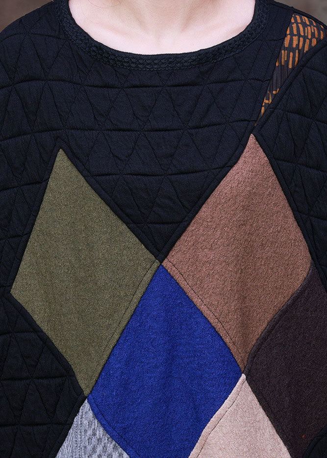 Quilted Geometric Patchwork Round Neck Long Sleeve Oversized Maxi Dress