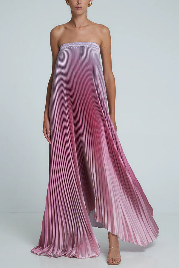 Strapless Ombre Satin Pleated Loose Fit Maxi Dress 8