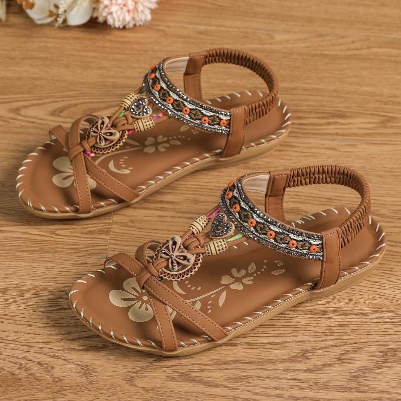 Beaded Boho T-Strap Flat Sandals