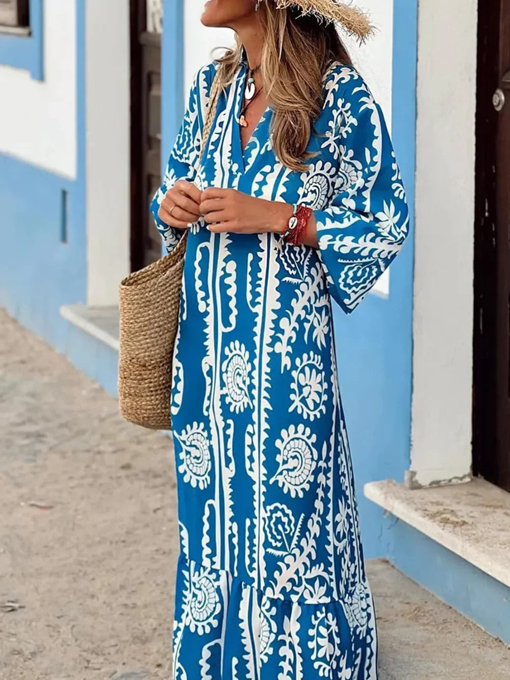 Paisley Print Notch Neck Half Sleeve Ruffle Hem Maxi Dress