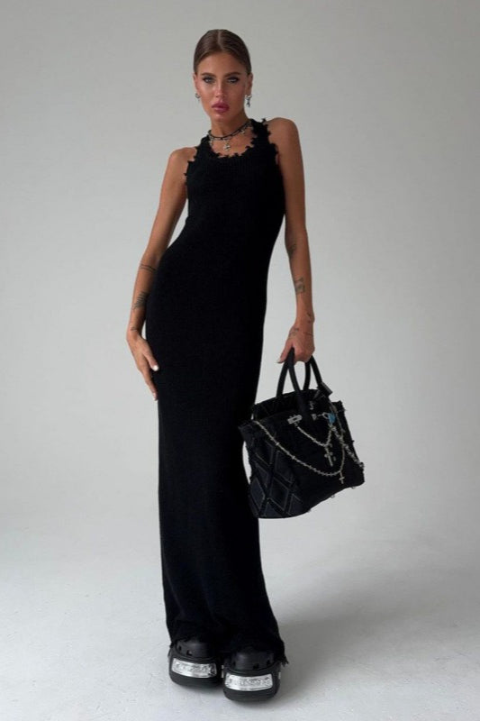 Distressed Shaped Tank Top Knit Bodycon Maxi Sweater Dress