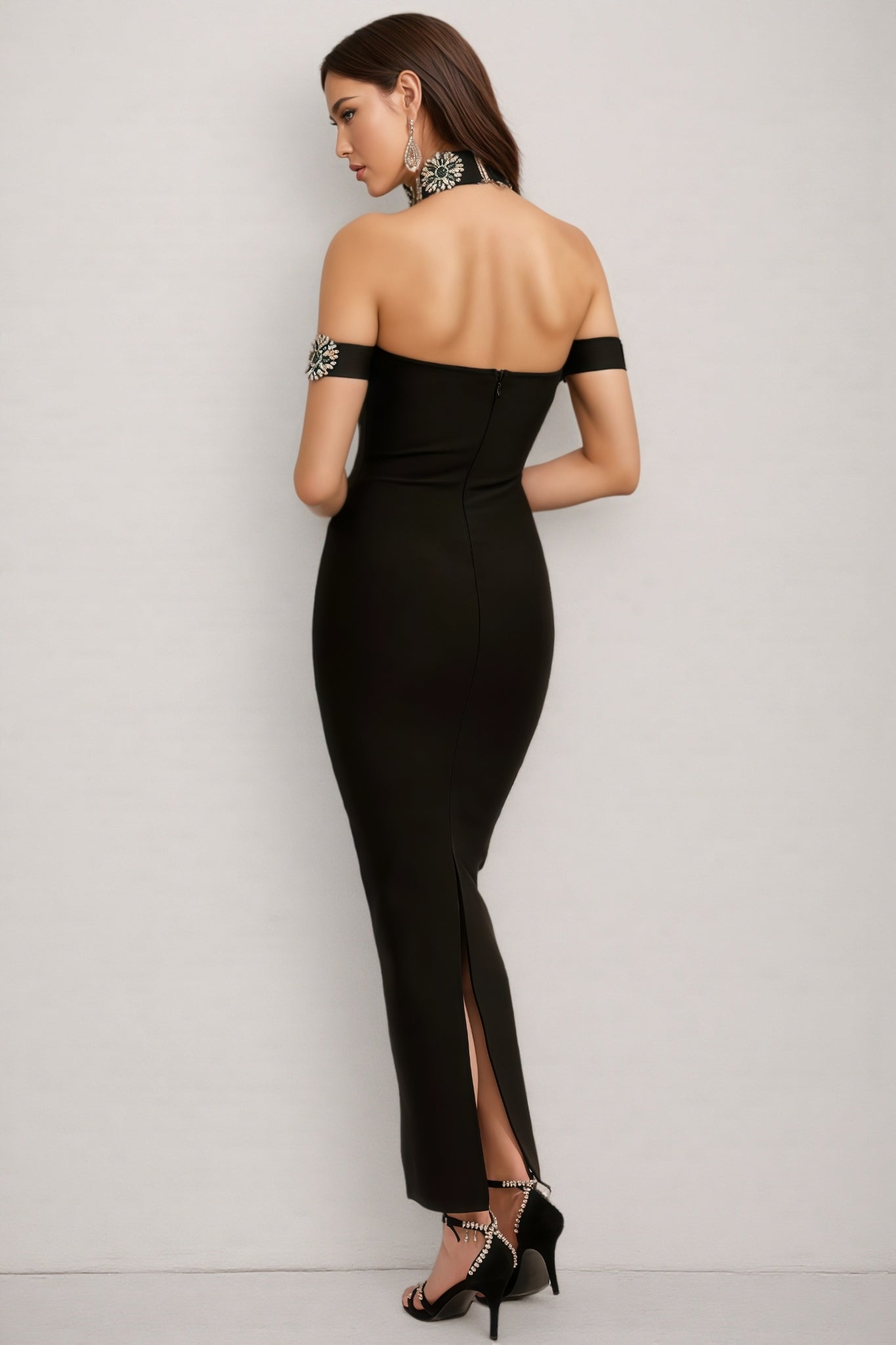 Crystal Embellished Off Shoulder Choker Neck Mesh Cut Out Bodycon Bandage Maxi Gown
