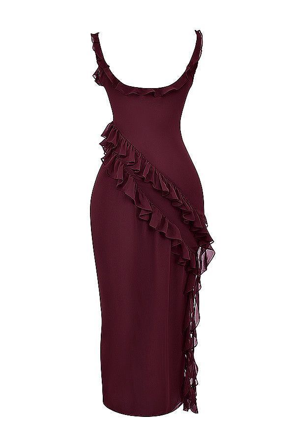 Square Neck Ruffle Strap High Split Asymmetrical Cascade Maxi Dress