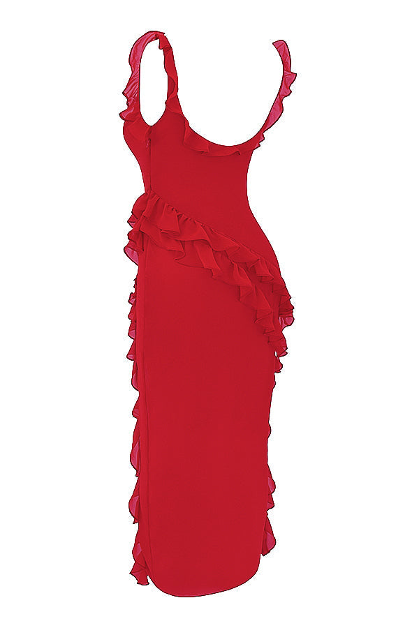 Square Neck Ruffle Strap High Split Asymmetrical Cascade Maxi Dress