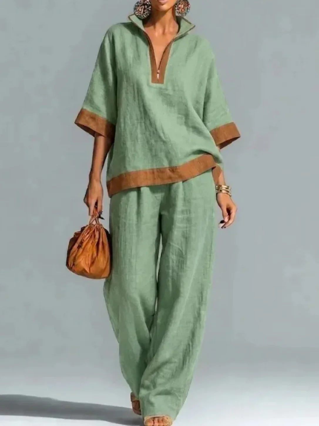 Quarter Zip Collared Contrast Trim Top and Wide Leg Pants Two Piece Set