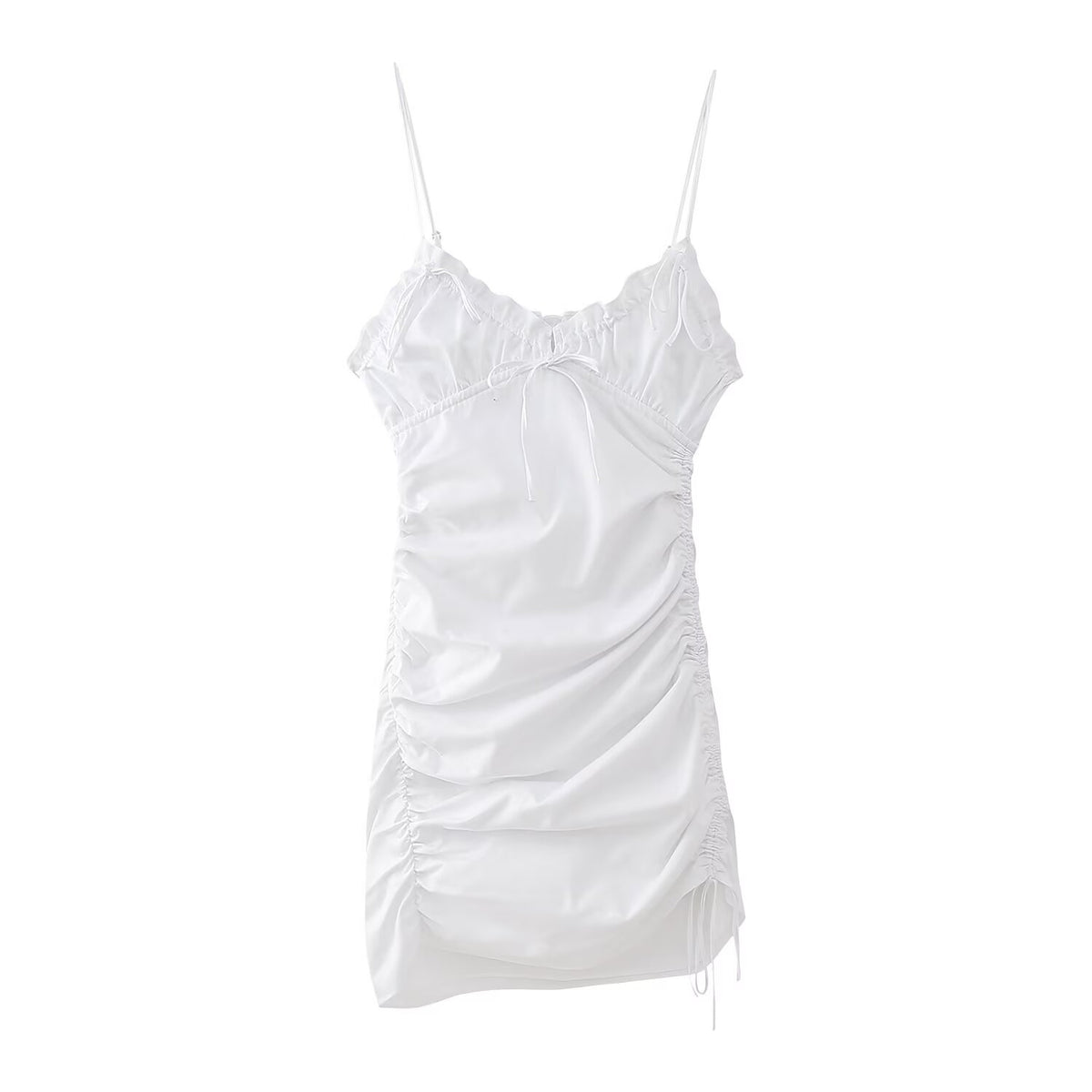 Ruffle Trim V-Neck Tie Front Cami Ruched Drawstring Side Mini Dress 2