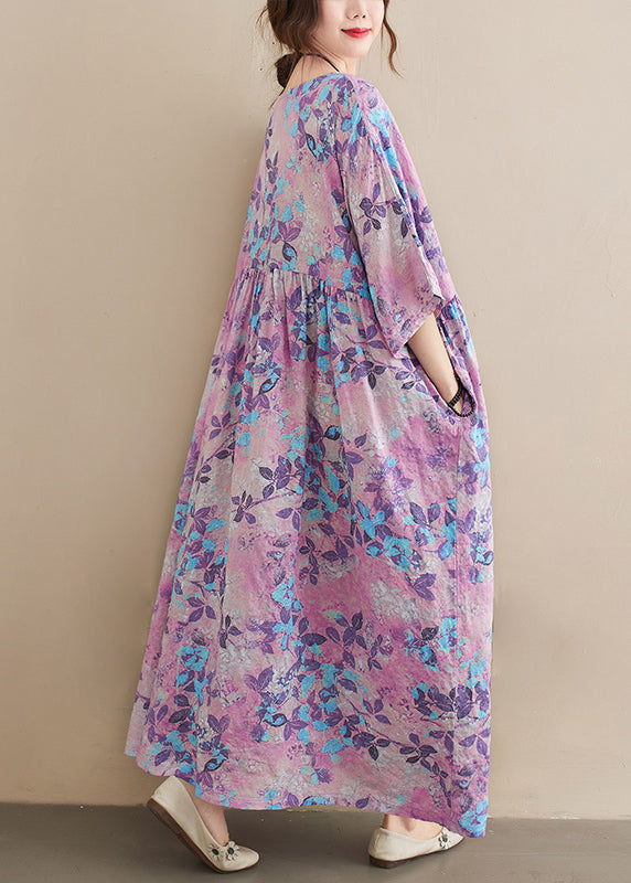 Botanical Print Round Neck Drop Shoulder Short Sleeve Empire Waist Smock Maxi Dress