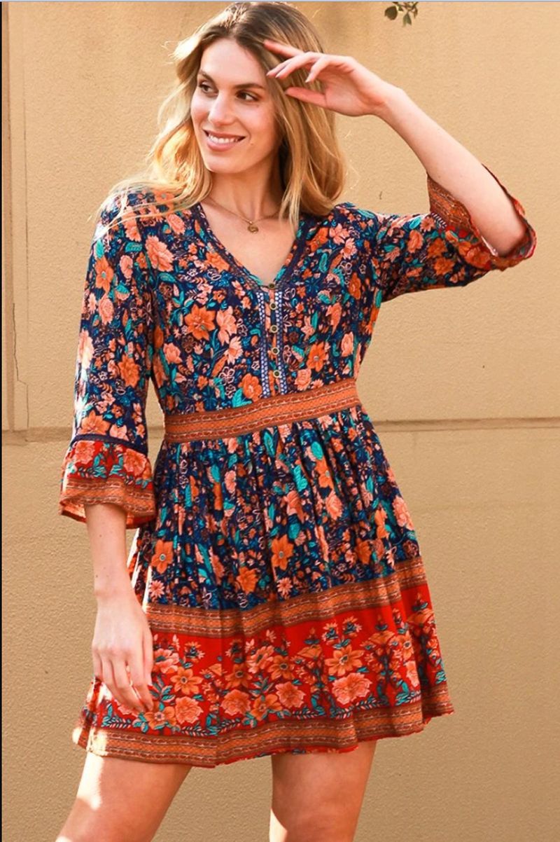 Deshon Printed Button Down Tassel Dress Orange