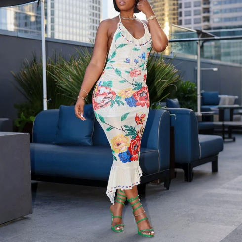 Floral Print Halter Neck Backless Bodycon Ruffle Mermaid Hem Midi Dress