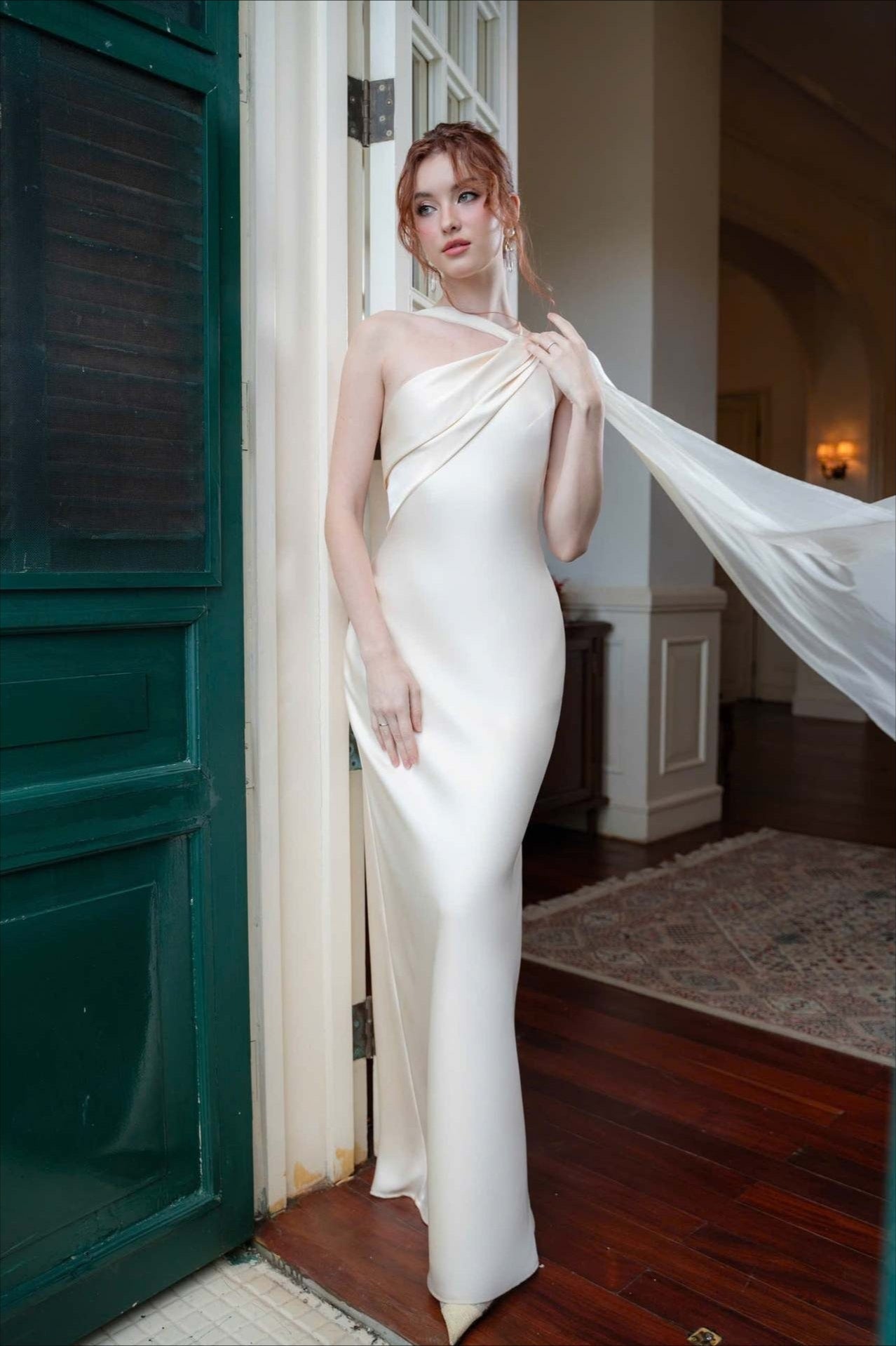 Satin One Shoulder Draped Cape Sheath Gown