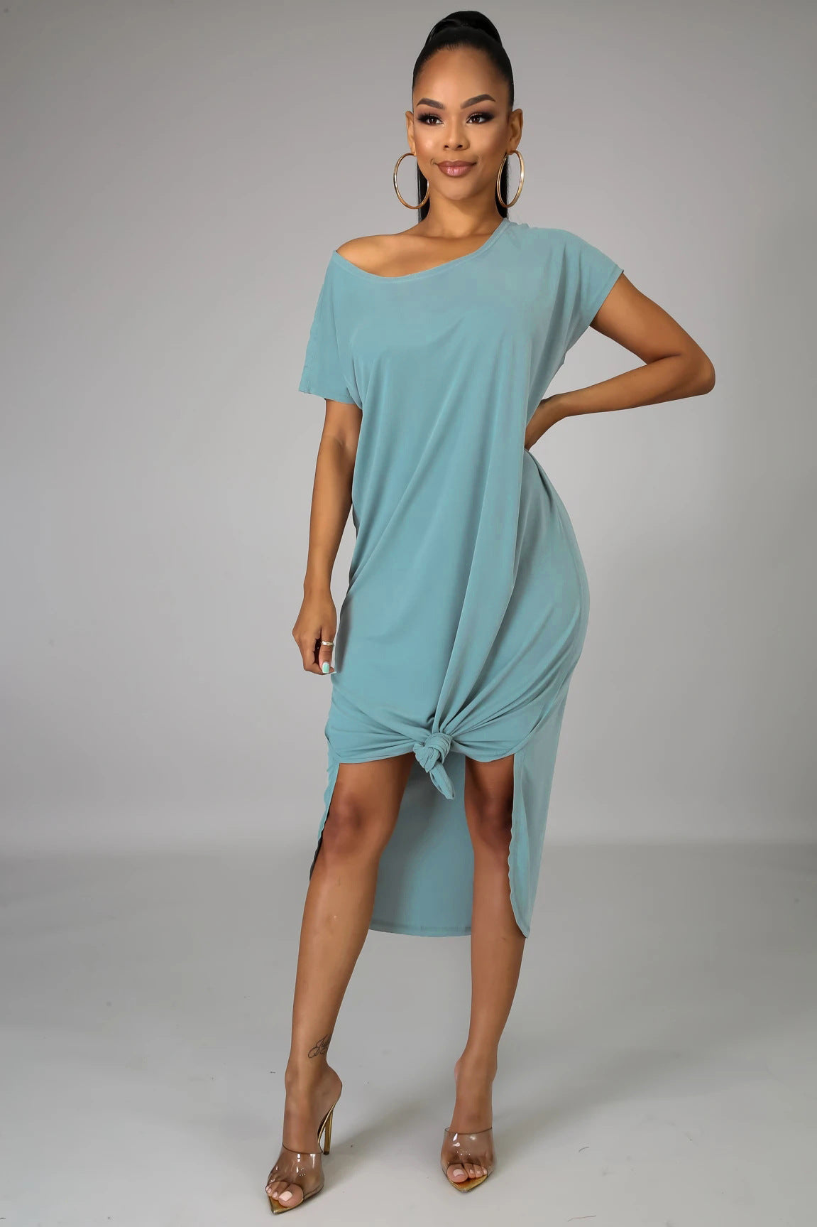 Off Shoulder Short Sleeve Curved Split Hem Loose Midi T Shirt Dress 4