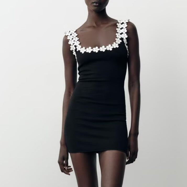 Daisy Trim Square Neck Sleeveless Knit Bodycon Mini Dress