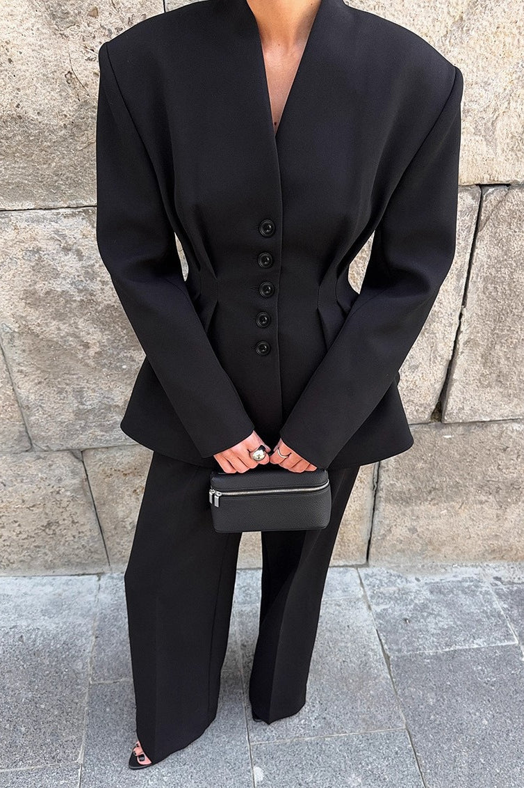 Ruched V Neck Waist Cinched Blazer Pants Two Piece Set