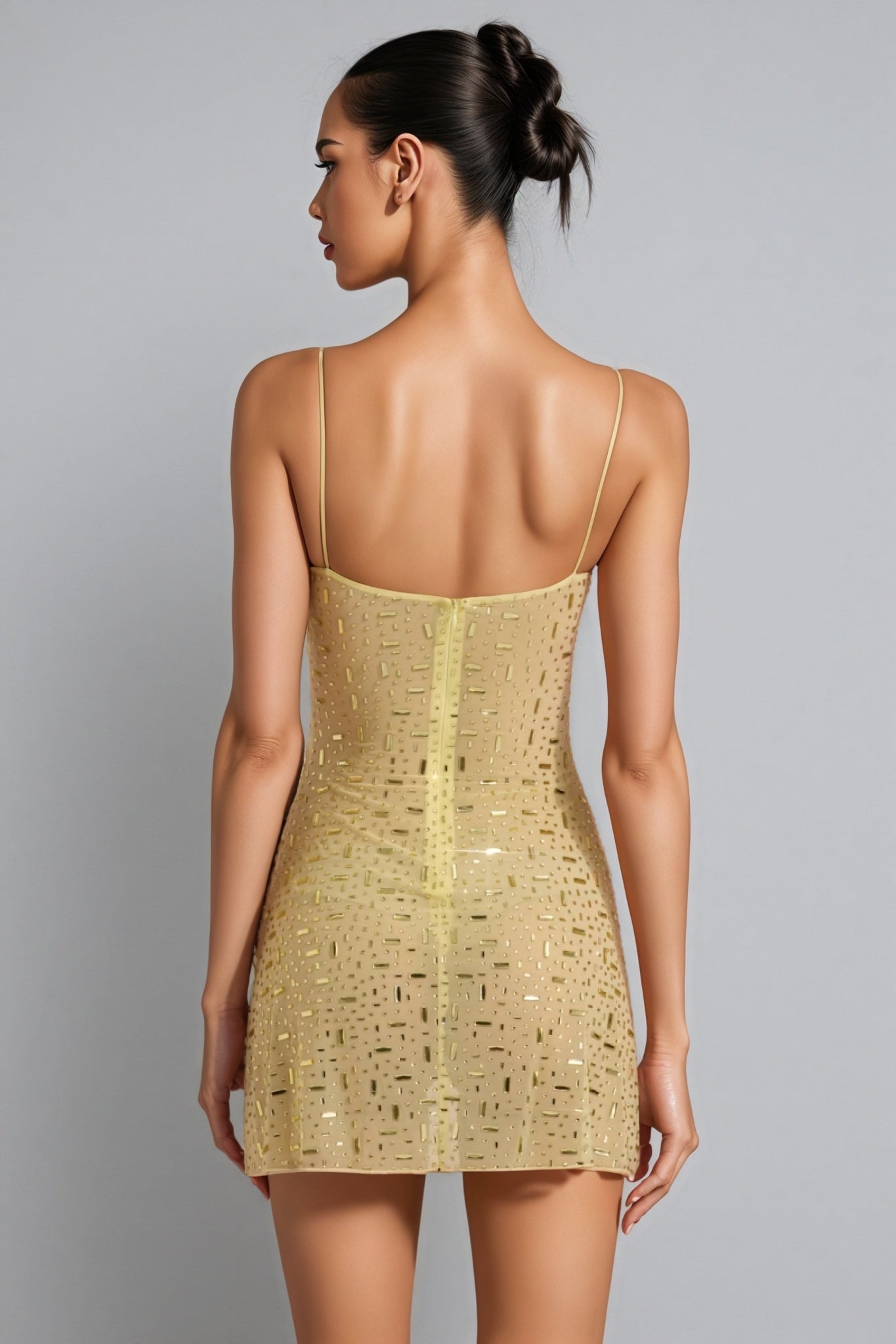 Sequin Square Neck Spaghetti Strap Mesh Bodycon Mini Dress