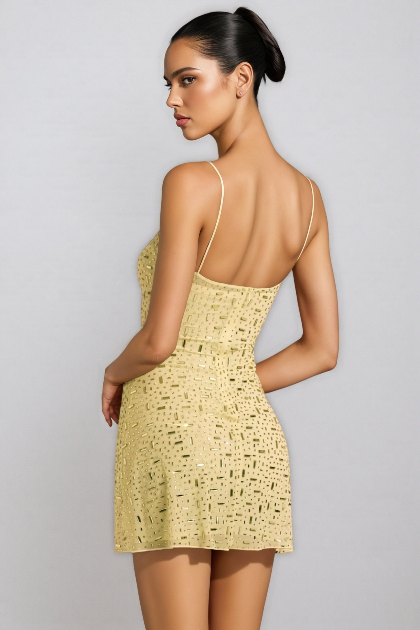 Sequin Square Neck Spaghetti Strap Mesh Bodycon Mini Dress