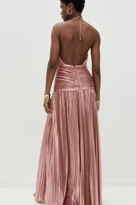 Metallic Halter Neck Pleated High Split Maxi Dress