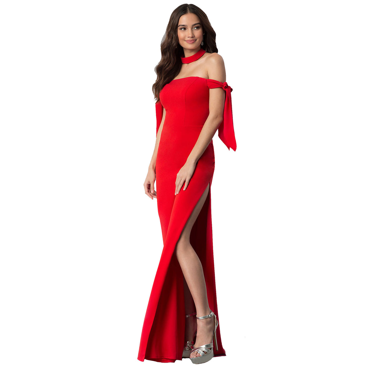 Off Shoulder Tie Sleeve Choker High Split Maxi Gown 4