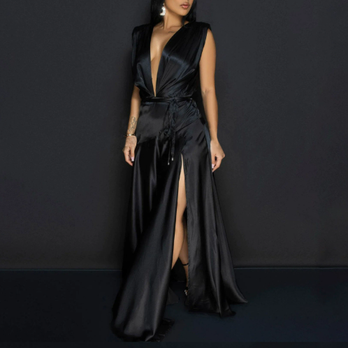 Women Wear Sexy Deep V Plunge neck Sleeveless Dress High Slit Formal Dress