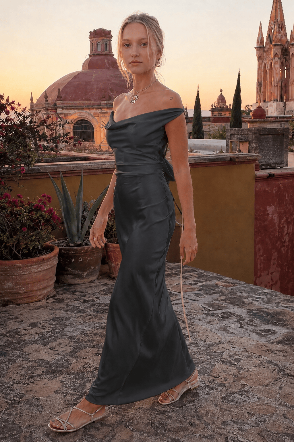Satin Cowl Neck Backless Formal Dress