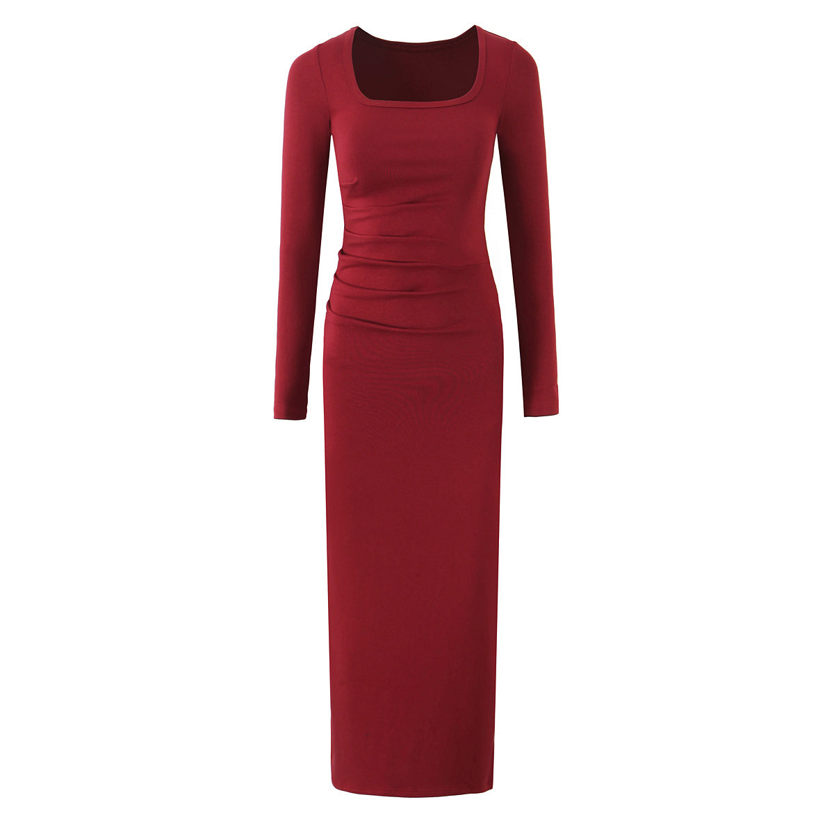 Square Neck Long Sleeve Ruched Waist Bodycon Maxi Dress