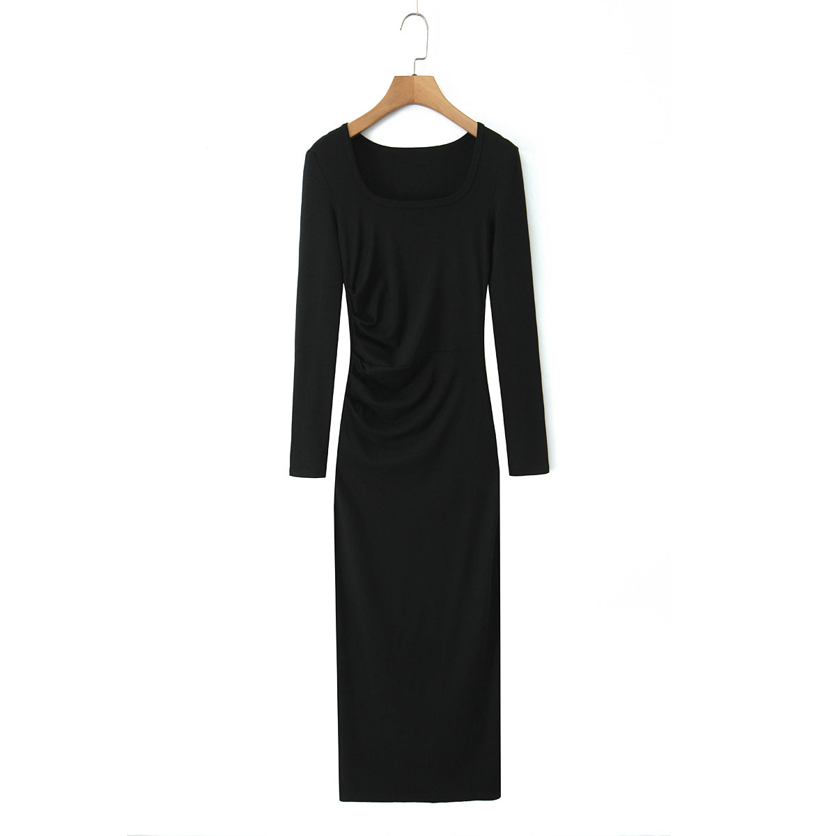 Square Neck Long Sleeve Ruched Waist Bodycon Maxi Dress 10