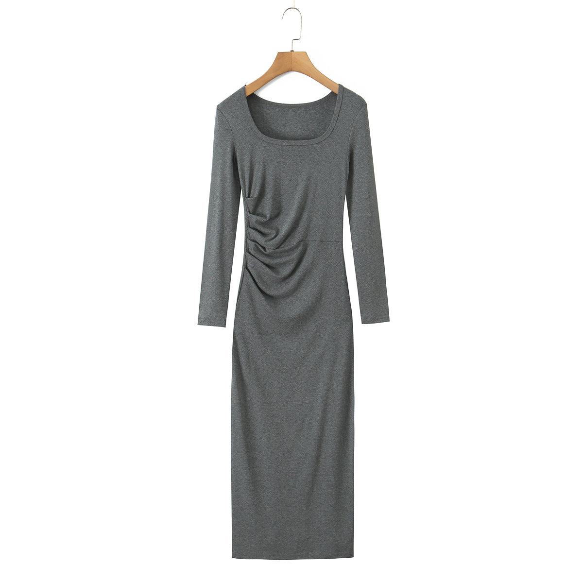 Square Neck Long Sleeve Ruched Waist Bodycon Maxi Dress 11