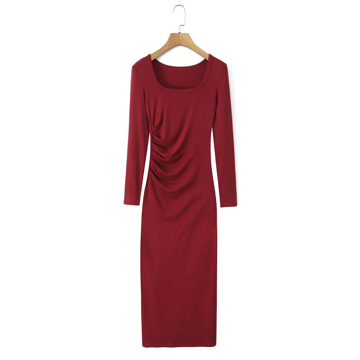 Square Neck Long Sleeve Ruched Waist Bodycon Maxi Dress 12