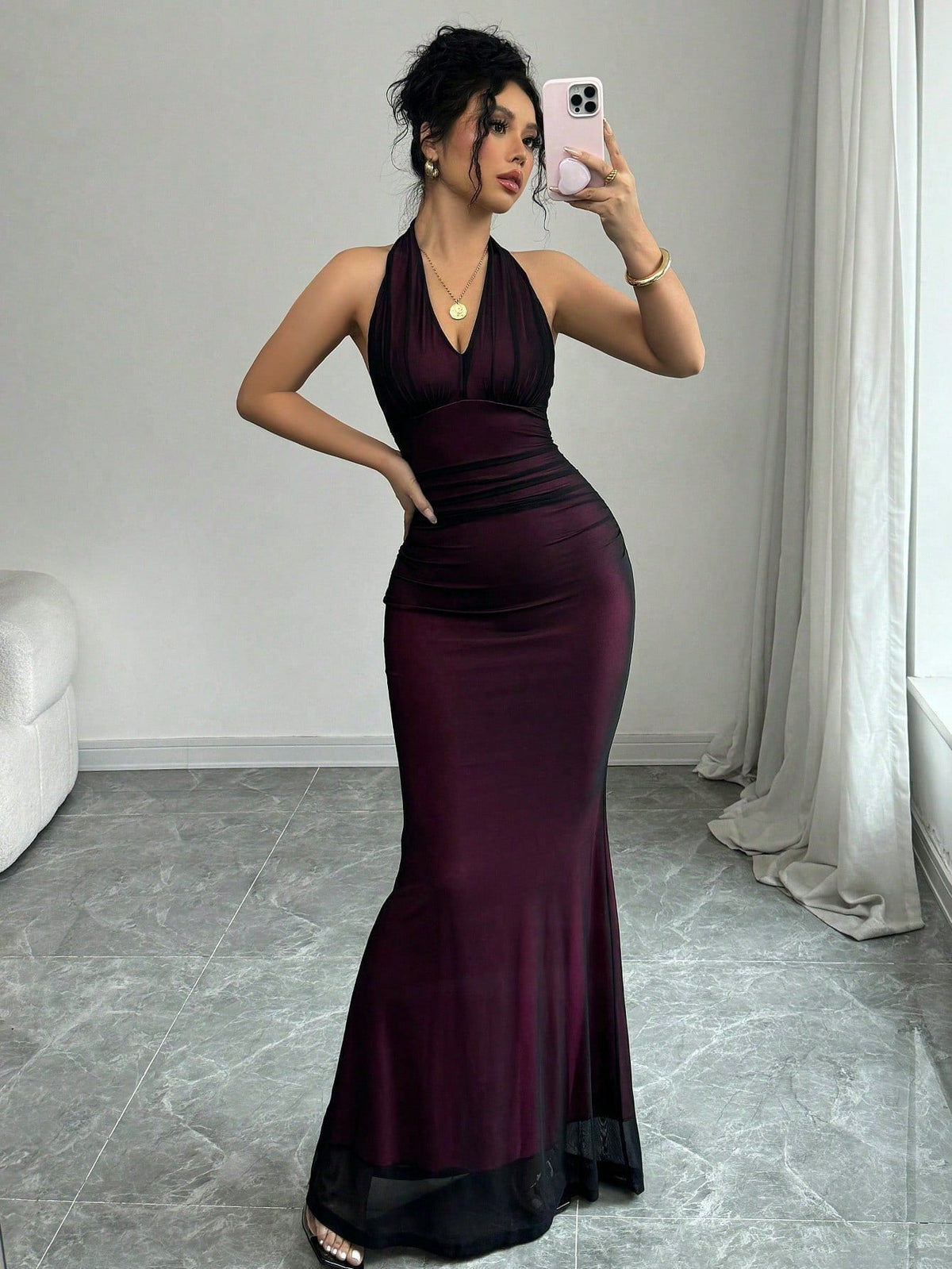 Halter Neck Deep V-Neck Ruched Mesh Overlay Mermaid Maxi Dress