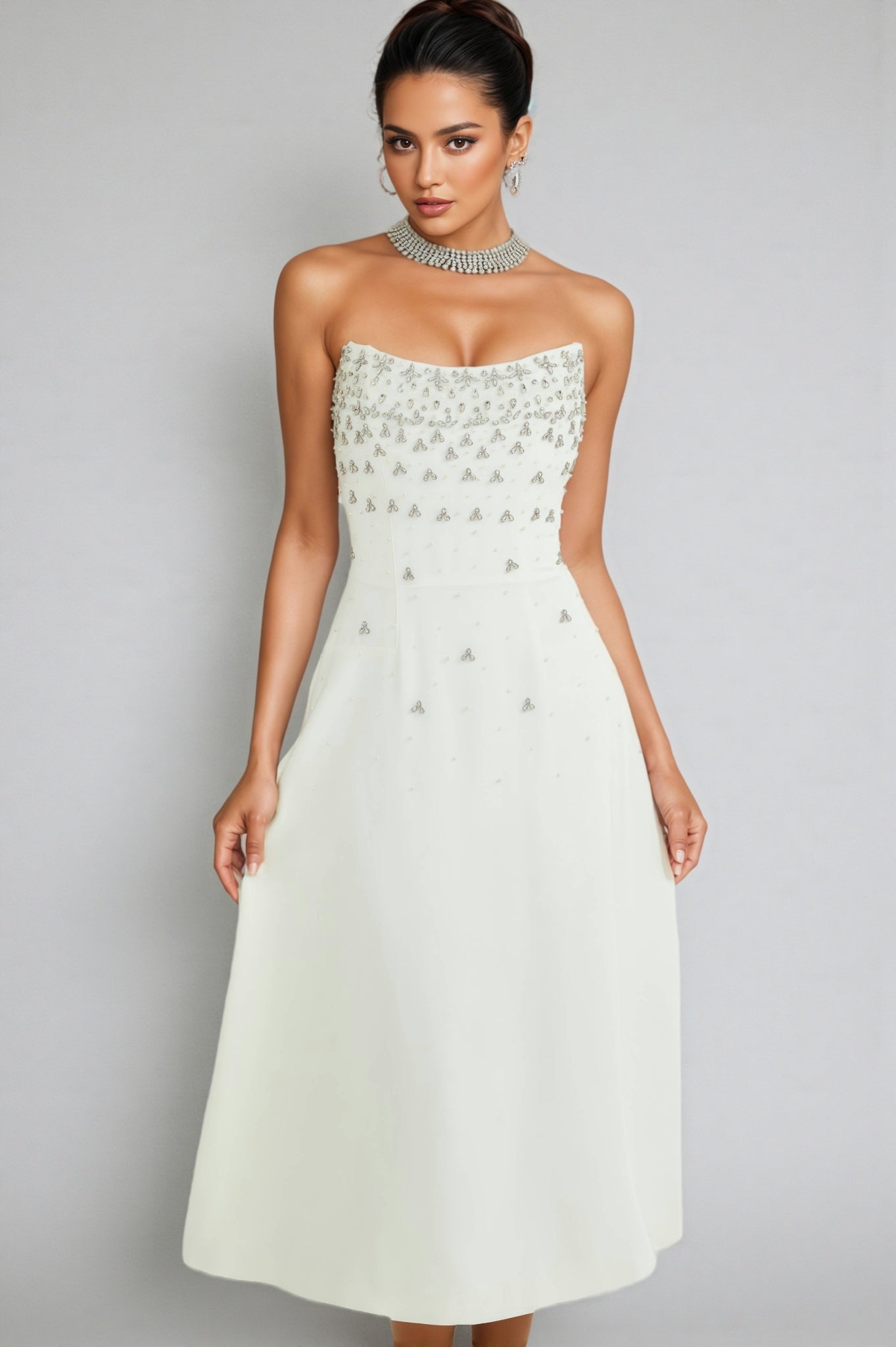 Strapless Beaded Fan Bodice A-Line Midi Dress